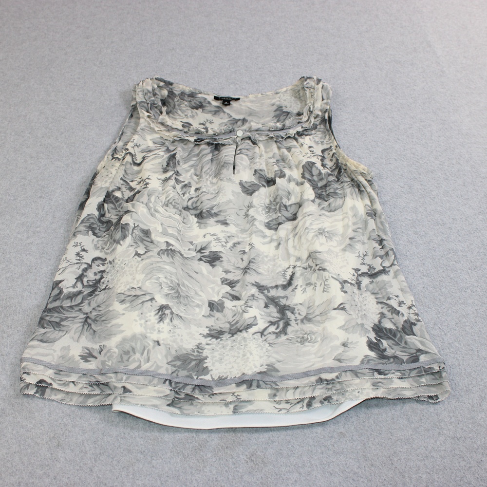 Talbots Silk Tank Women 6 Gray Floral Chiffon Ruffle Lined Pleated Romantic Boho